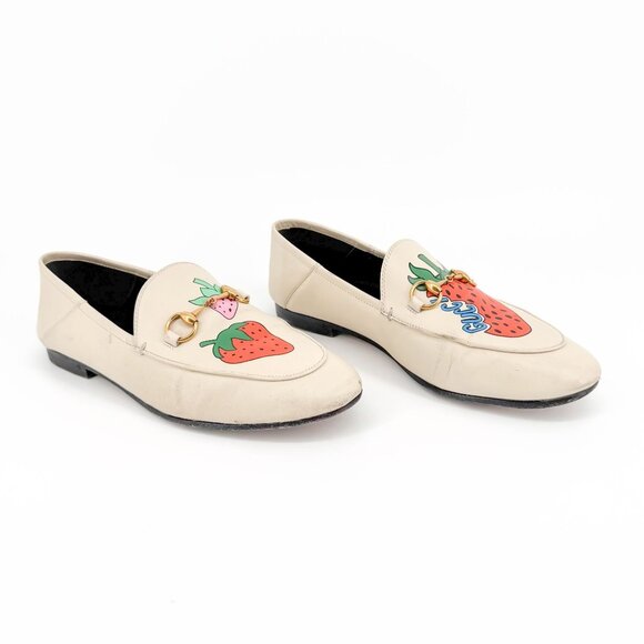 Gucci Strawberry Brixton Horsebit Loafer Size 38 US 8 White Printed Slip On Flat - Picture 1 of 15